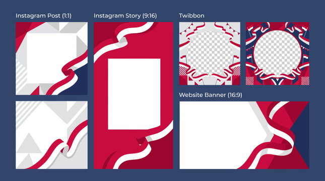 Indonesian Independence Day Social Media Post and Story Template Set with Red and White Waving Ribbon Frame Twibbon and Website Banner