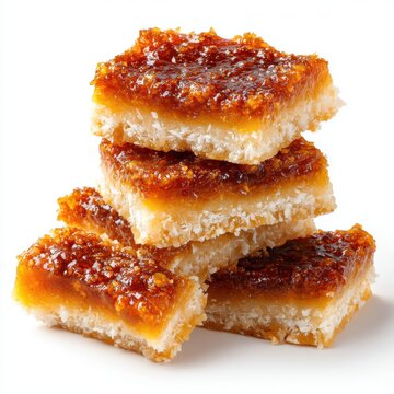 Sri Lankan dessert of coconut-laden kiri toffee bars isolated on a white background