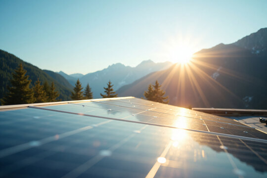 Close up of solar panels capturing sunlight with bright sun and mountain landscape background for sustainable energy and green technology concept