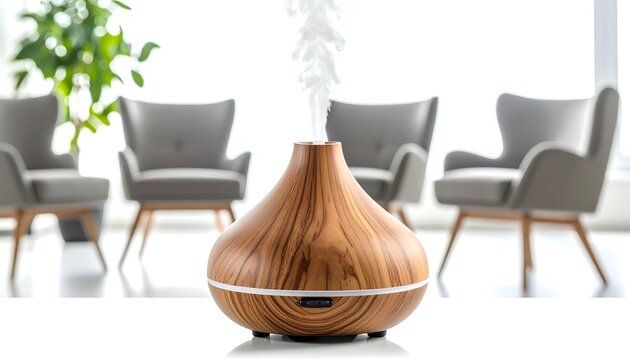 A wooden essential oil diffuser emits vapor, set against a blurred background of chairs and foliage. It promotes calmness