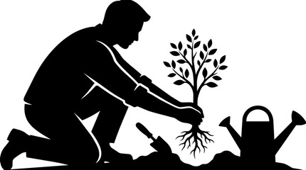 Silhouette of a man planting a young tree in the garden with a shovel and a watering can nearby representing environmental care and nature conservation lifestyle concept © MdKaziNazrul