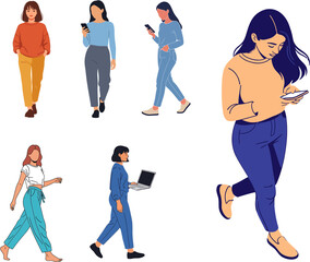 Fototapeta premium Vector illustration set of young women walking using smartphone and laptop isolated on white background