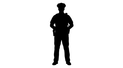 Black silhouette of a police officer standing in a formal uniform with a cap and belt gear representing law enforcement and public safety for security or justice concepts