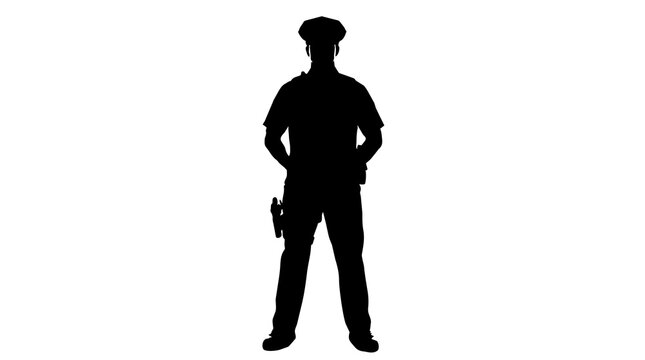 Black silhouette of a police officer standing in a formal pose wearing a uniform and hat with a utility belt and gun holster visible on the side for law enforcement