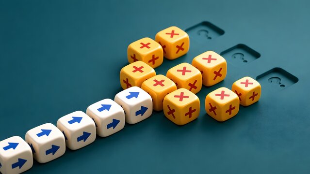 Business strategy path blocked by obstacles concept with arrow cubes facing rejection crosses representing challenge and problem solving