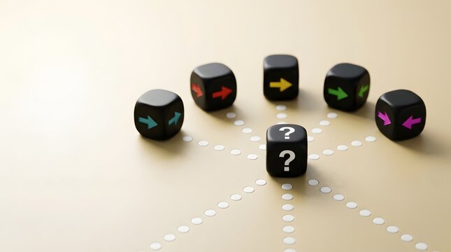 Business direction choice concept featuring question mark cube and multiple colored arrows representing strategic decisions and uncertainty