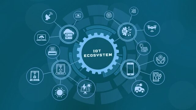IoT Ecosystem concept with connected smart devices, intelligent automation, cloud communication and integrated digital infrastructure.