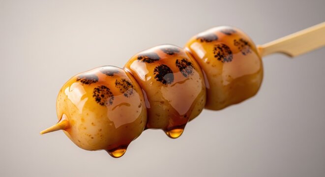 Mitarashi dango rice dumpling with sweet soy glaze on a wooden skewer