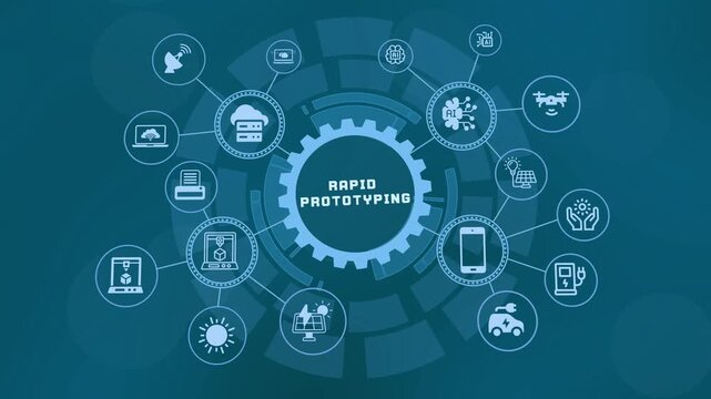 Rapid Prototyping technology concept with digital engineering workflow, product development process, industrial innovation and smart manufacturing.