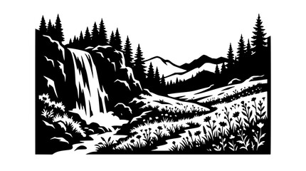 Fototapeta premium Mountain landscape with waterfall and wildflowers black and white vector illustration