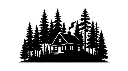 Obraz premium Rustic mountain cabin silhouette in a pine forest illustration