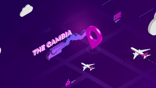 Isometric Design, The Gambia Map Silhouette Location Pin and Airplanes on Purple Animation, Travel Background