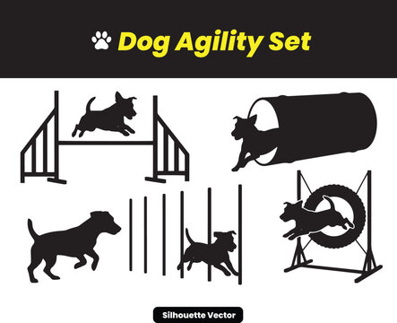 Dog agility training set with silhouette vector illustrations of dogs jumping over obstacles