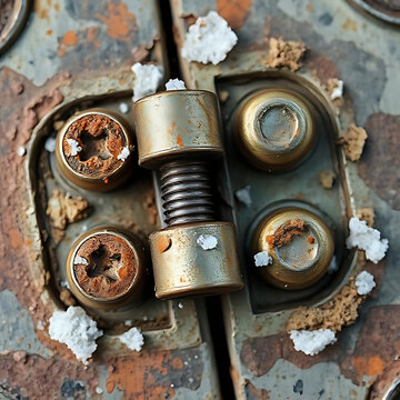 Corroded Mechanical Hinge with Rusted Bolts and Salt Deposits