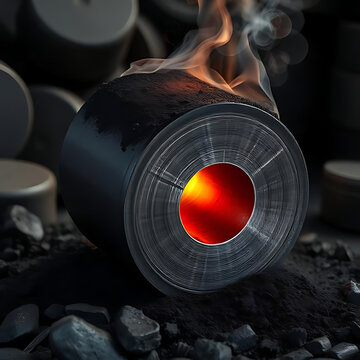 Burning Log Cross Section with Glowing Core and Rising Smoke