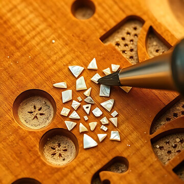 Precision Tool Arranging White Mosaic Fragments on Carved Wooden Surface
