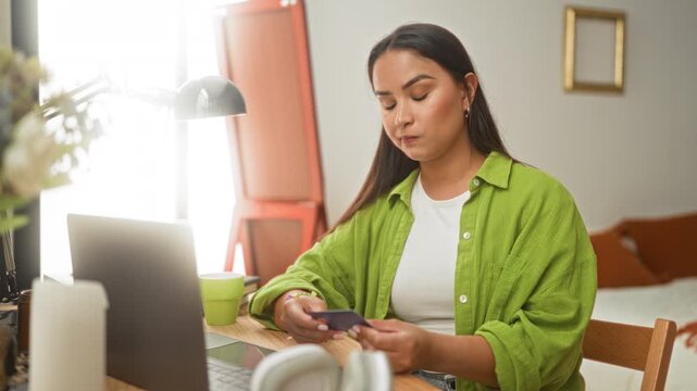 Young hispanic woman holding creditcard and typing on laptop at a wooden desk in building; financial uncertainty.