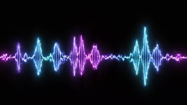 Motion graphics video of colorful neon sound waveform with purple, blue and pink electric energy pulses on black background, abstract audio visualizer animation for music and podcast