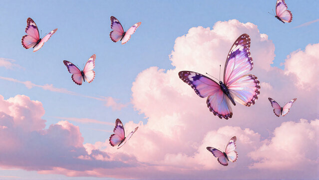 Pink butterflies flying through soft dreamy clouds in sky