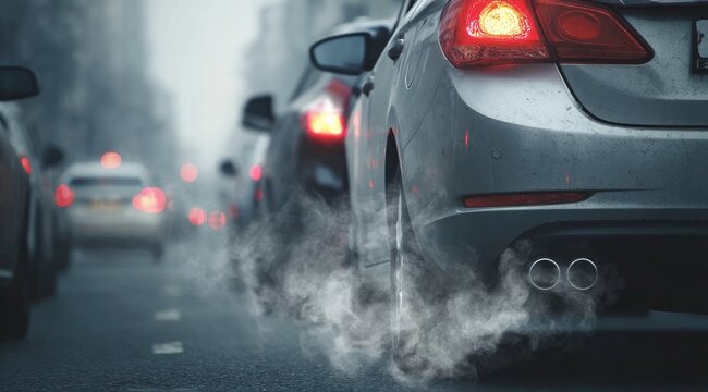 Close-up of car exhaust billowing smoke into the air, showcasing congestion and city driving, possibly pollution