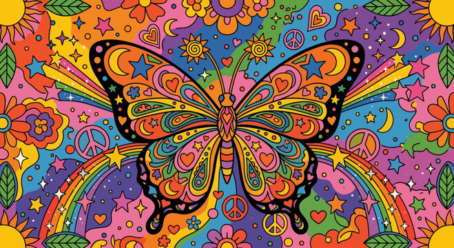 Colorful psychedelic butterfly with retro patterns and peace signs graphic