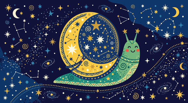 Cosmic Snail with Crescent Moon Shell Among Starry Night Sky and Constellations