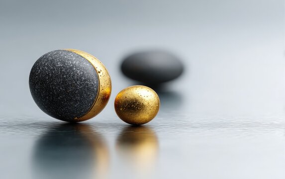 Close-up of three spherical objects, one with a metallic crescent, another gold, and a third blurred stone