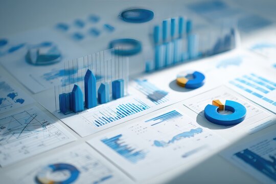 Close-up view of data visualization charts and graphs in shades of blue and white, highlighting analytical information
