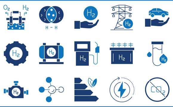 A set of icons related to Hydrogen Energy. Hydrogen, energy, renewable, carbon free, car, hydrolysis, and so on.