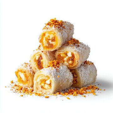 dessert of mini kiri pani pol rolls isolated on a white background