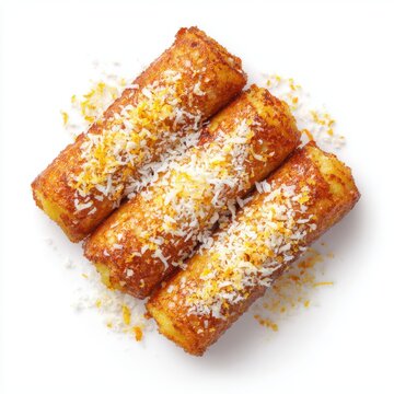 Sri Lankan dessert of mini kiri pani pol rolls isolated on a white background