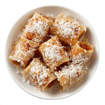 Sri Lankan dessert of mini kiri pani pol rolls isolated on a white background
