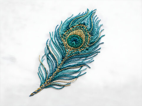 Intricate peacock feather embroidery with vibrant turquoise and gold metallic threads, ornate textile art featuring a detailed bird plume on a clean white background. Elegant handcrafted peacock
