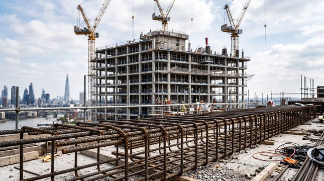 Modern high-rise construction site with exposed steel reinforcement. Urban development project featuring skeletal framework and cranes for commerci...