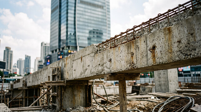 Exposed reinforced concrete beam in urban construction site. Damaged structural support element with rusted rebar and weathered surface for archite...