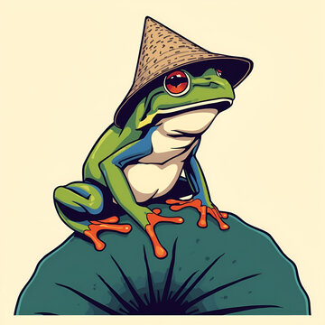 A cute green frog wearing a traditional conical straw hat sitting on a large lily pad.