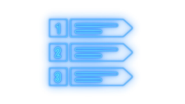 Glowing neon numbered list icon isolated on transparent background. Infographics timeline. Step options menu. Arrow banners. Workflow progress.