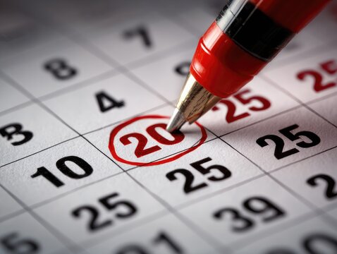 Close-up of a calendar, showing the date "20" circled in red ink with a pen poised above. The background features other dates