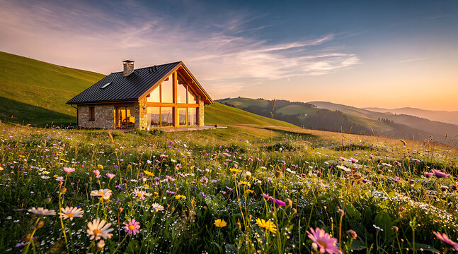 A cozy wooden house on a flowery hillside at sunset.