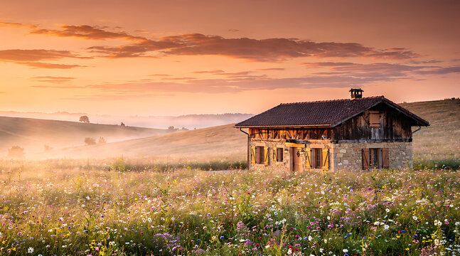 Rustic House Amidst Wildflowers at Sunset.