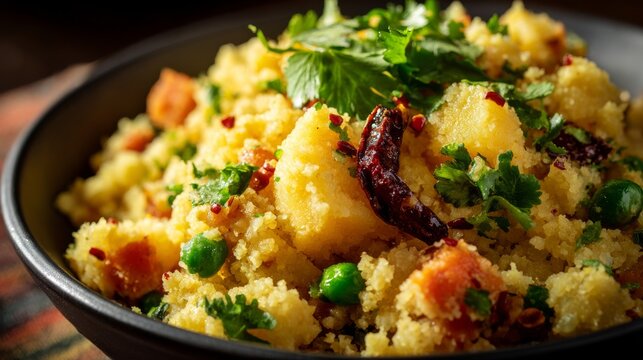 Close up of traditional indian upma breakfast made with semolina, fresh vegetables, curry leaves and aromatic spices, authentic south asian vegetarian cuisine served in a rustic bowl, healthy homemade