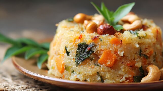 Close up of traditional indian upma breakfast made with semolina, fresh vegetables, curry leaves and aromatic spices, authentic south asian vegetarian cuisine served in a rustic bowl, healthy homemade