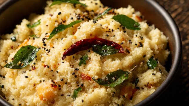 Close up of traditional indian upma breakfast made with semolina, fresh vegetables, curry leaves and aromatic spices, authentic south asian vegetarian cuisine served in a rustic bowl, healthy homemade