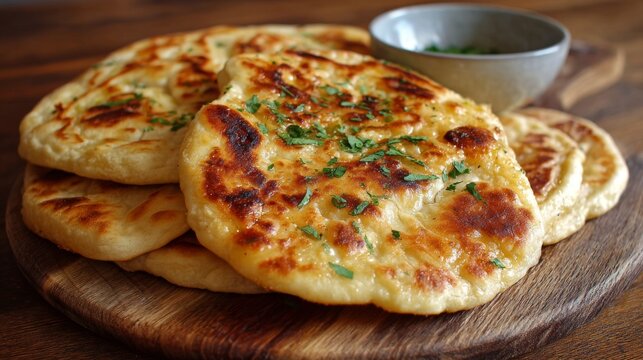 Homemade indian naan flatbread freshly baked traditional south asian bread with soft fluffy texture authentic artisan recipe served for curry restaurant style cuisine food photography