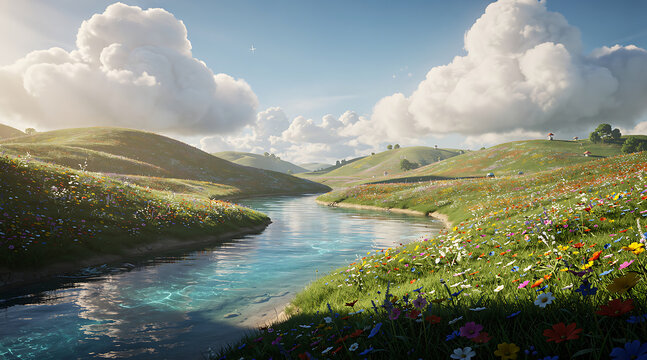 Tranquil river flowing through lush green hills under a blue sky with clouds.