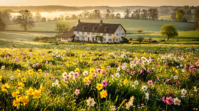 A peaceful country house surrounded by colorful spring flowers at sunrise.