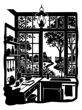 Cozy Kitchen Interior with Garden View Silhouette Illustration