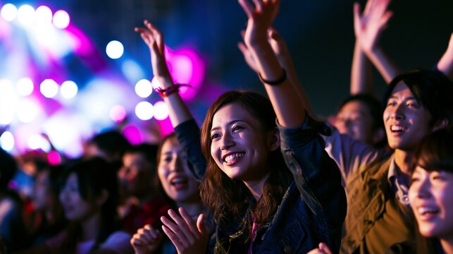 音楽フェスで手を高く挙げて熱狂する笑顔の日本人女性