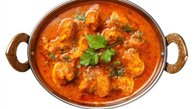 Indian butter chicken curry in traditional balti dish, authentic creamy tomato chicken masala, classic south asian restaurant style meal, top down view isolated on white background
