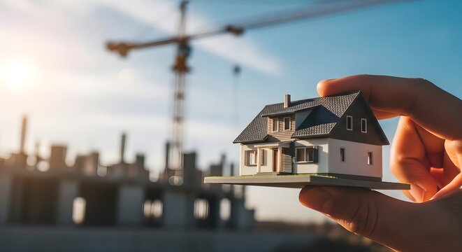 Hand holding a miniature house model with a construction site and crane in the background, symbolizing real estate development and new home building.